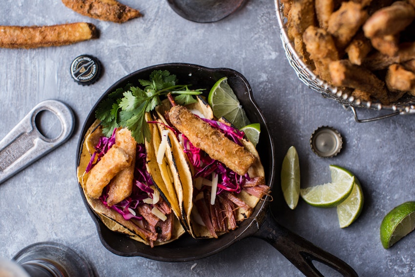 Corned Beef Tacos with Beer Battered Fries