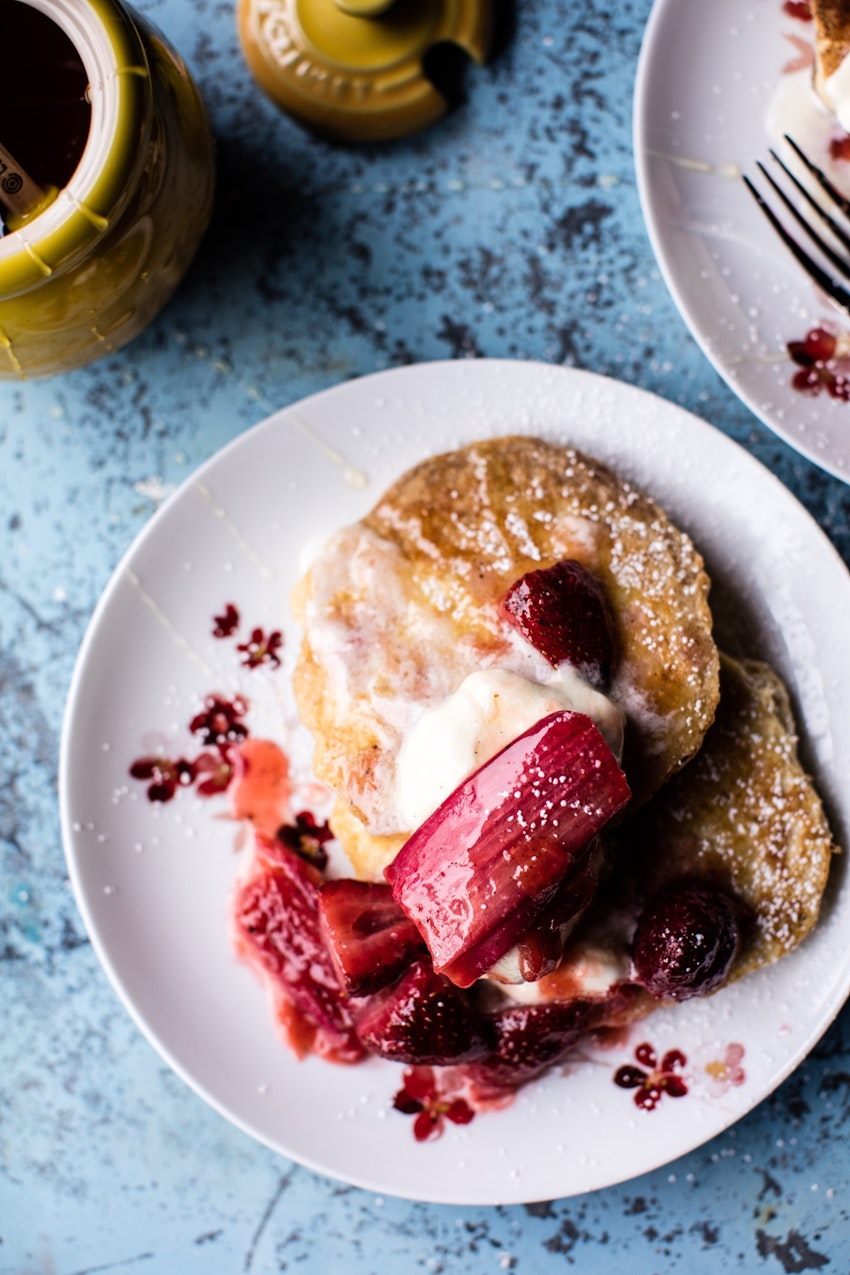 Lemon Ricotta Pancakes with Whipped Mascarpone & Roasted Rhubarb | TheInspiredHome.com #summer #spring #recipes #mothersday #pancakes #breakfast #brunch #sweet Lemon-Ricotta-Pancakes-with-Whipped-Mascarpone-Roasted-Rhurbarb-6resize