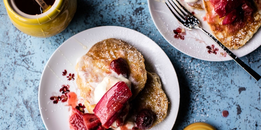 Lemon Ricotta Pancakes with Whipped Mascarpone & Roasted Rhubarb