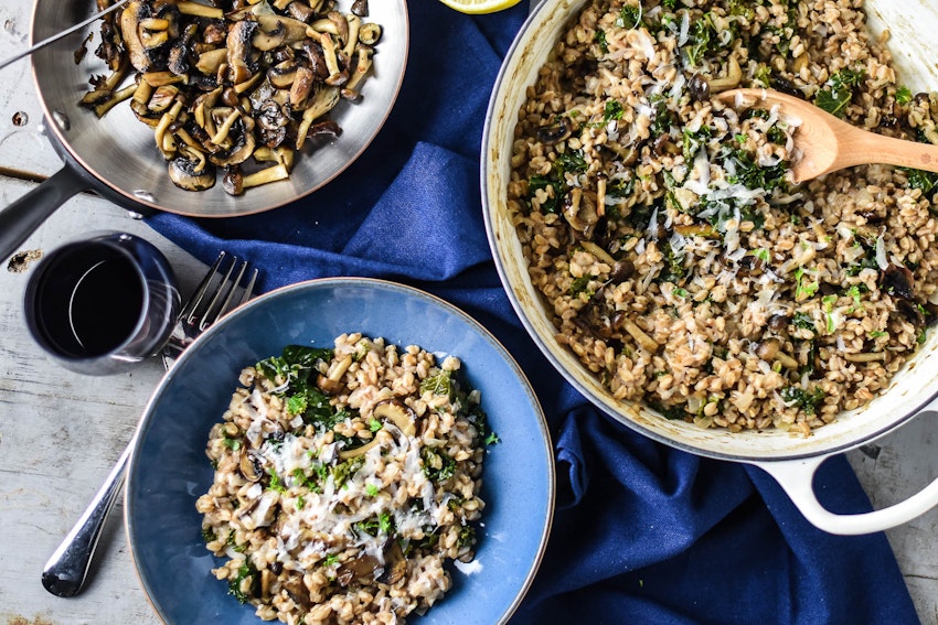 Baked Farro Risotto with Mushrooms and Kale