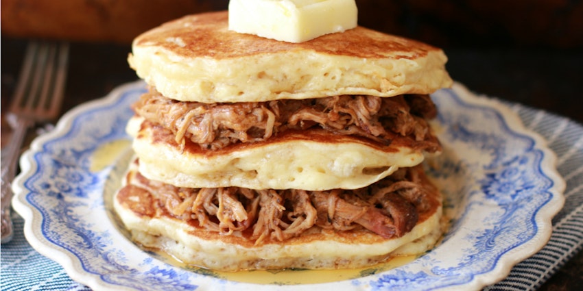 Pulled Pork Pancakes with Whiskey Maple Sauce