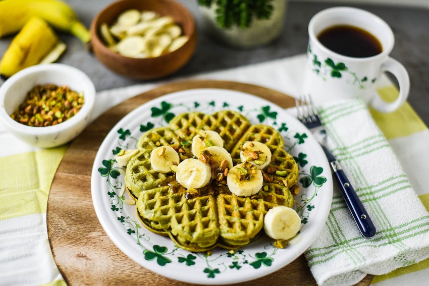 Green Tea Shamrock Waffles with Banana Coins & Pistachios