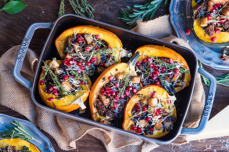 Sausage-Stuffed Acorn Squash with Molasses Glaze 