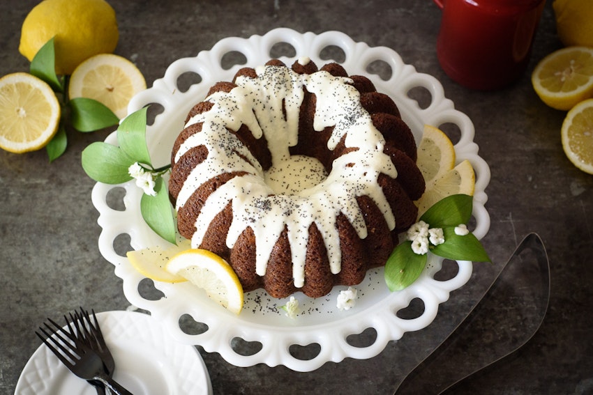 Banana Poppyseed Bundt Cake with Cream Cheese Lemon Zest Glaze