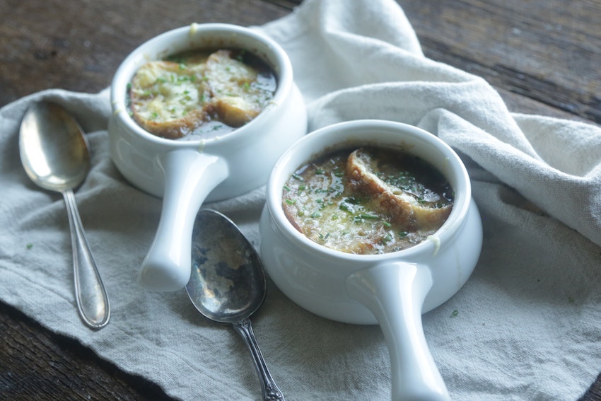 Spring Sweet Onion Soup with Gruyere Cheese Baguettes