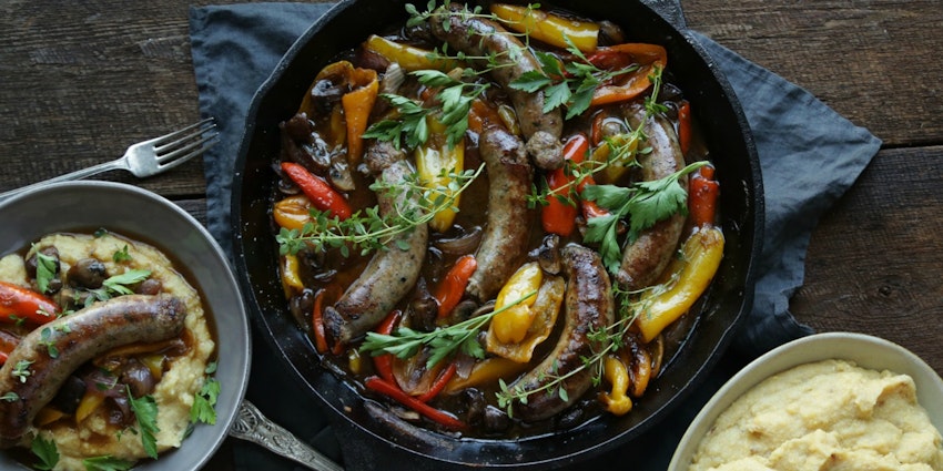 ​Homemade Italian Sausage with Roasted Peppers, Onions + Mushrooms