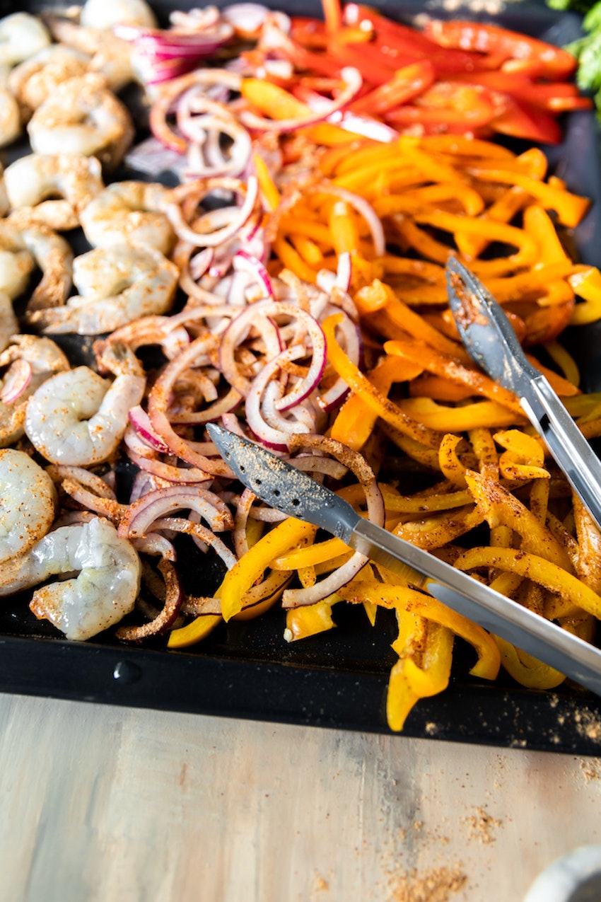 Sheet Pan Shrimp Fajitas With Avocado Crema | TheInspiredHome.com #shrimp #fajitas #avocado #healthy #crema #dinner #lunch #recipe #sheetpan Sheetpanfajitas 6